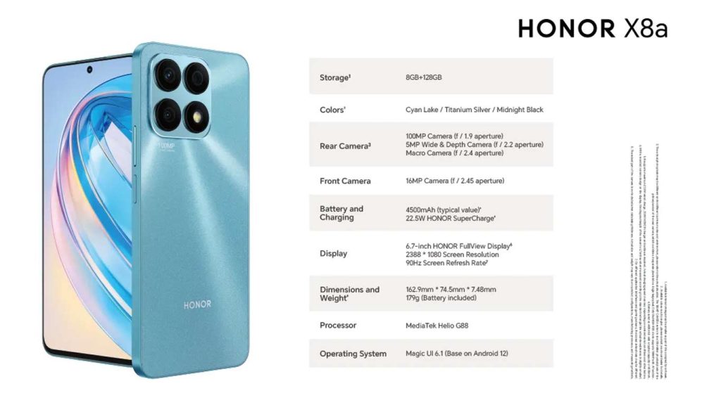 Honor X8a Cyan Lake, Titanium Silver, Midnight Black