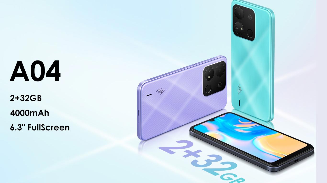 Itel A04 Lake Cyan, Violet, Sandstone Black