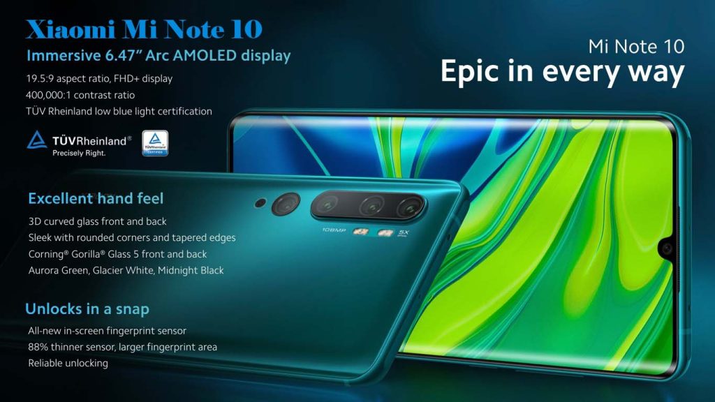 Xiaomi Mi Note 10 Xiaomi Mi Note 10 Aurora Green, Glacier White, Midnight Black